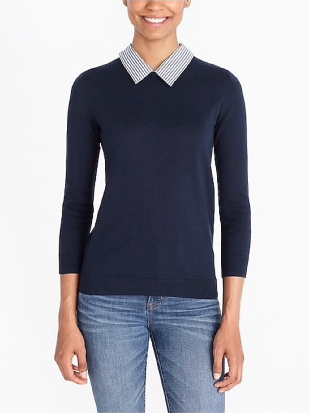 J. Crew Women’s Woven Collar Sweater in Navy Stripe Size Small NWT